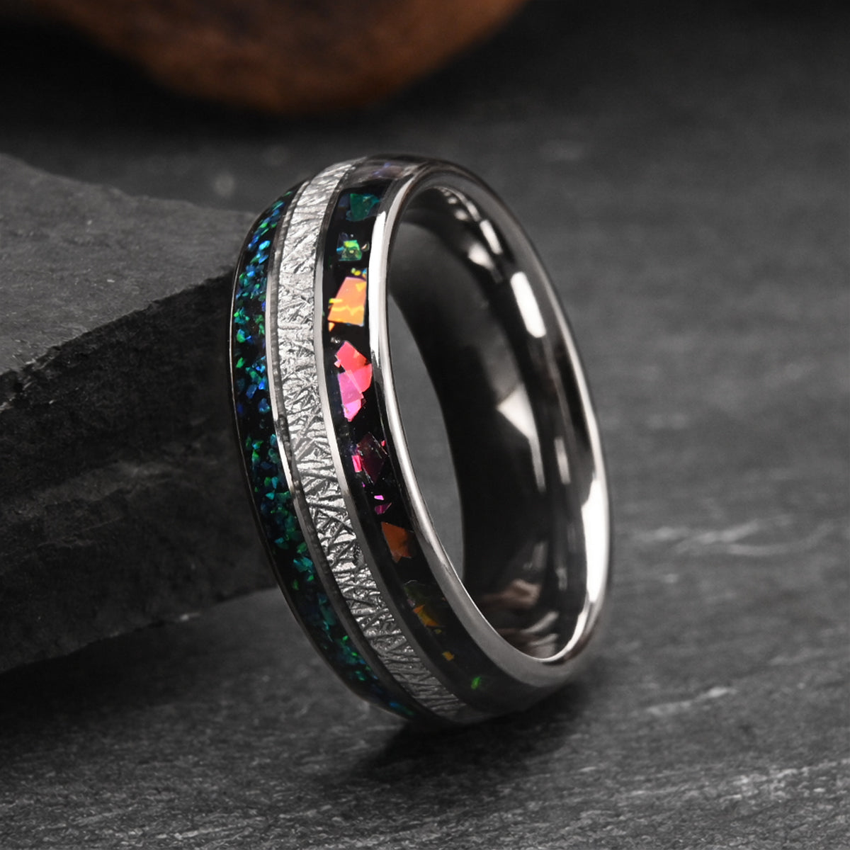 8mm Silver Color Tungsten Carbide Ring, Men's Wedding Bands, Inlaid with Colorful Opal, Men's Ring, Engagement & Wedding Rings, Promise Ring-5