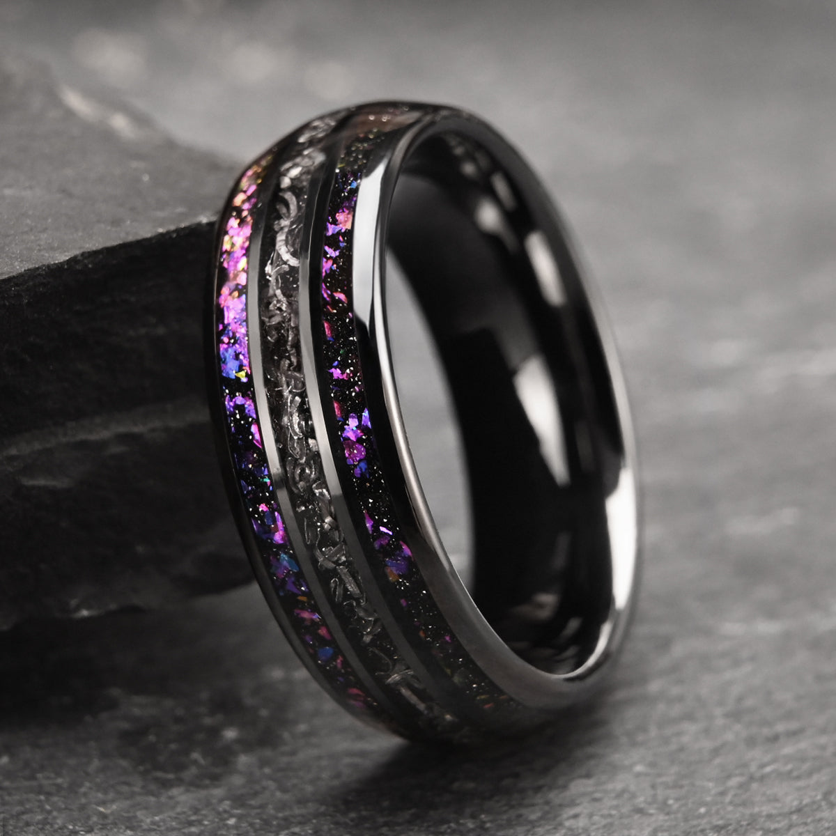 8MM Black Tungsten Carbide Ring Inlaid With Meteorite Amethyst Men's Wedding Bands, Engagement & Wedding Ring, Promise Rings-4