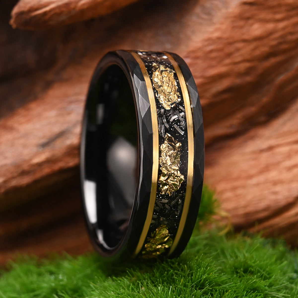 8MM/6MM Black Tungsten Carbide Ring Men's Wedding Bands Inlaid with Gold Leaf Meteorite Engagement & Wedding Rings Meteorite Ring-8