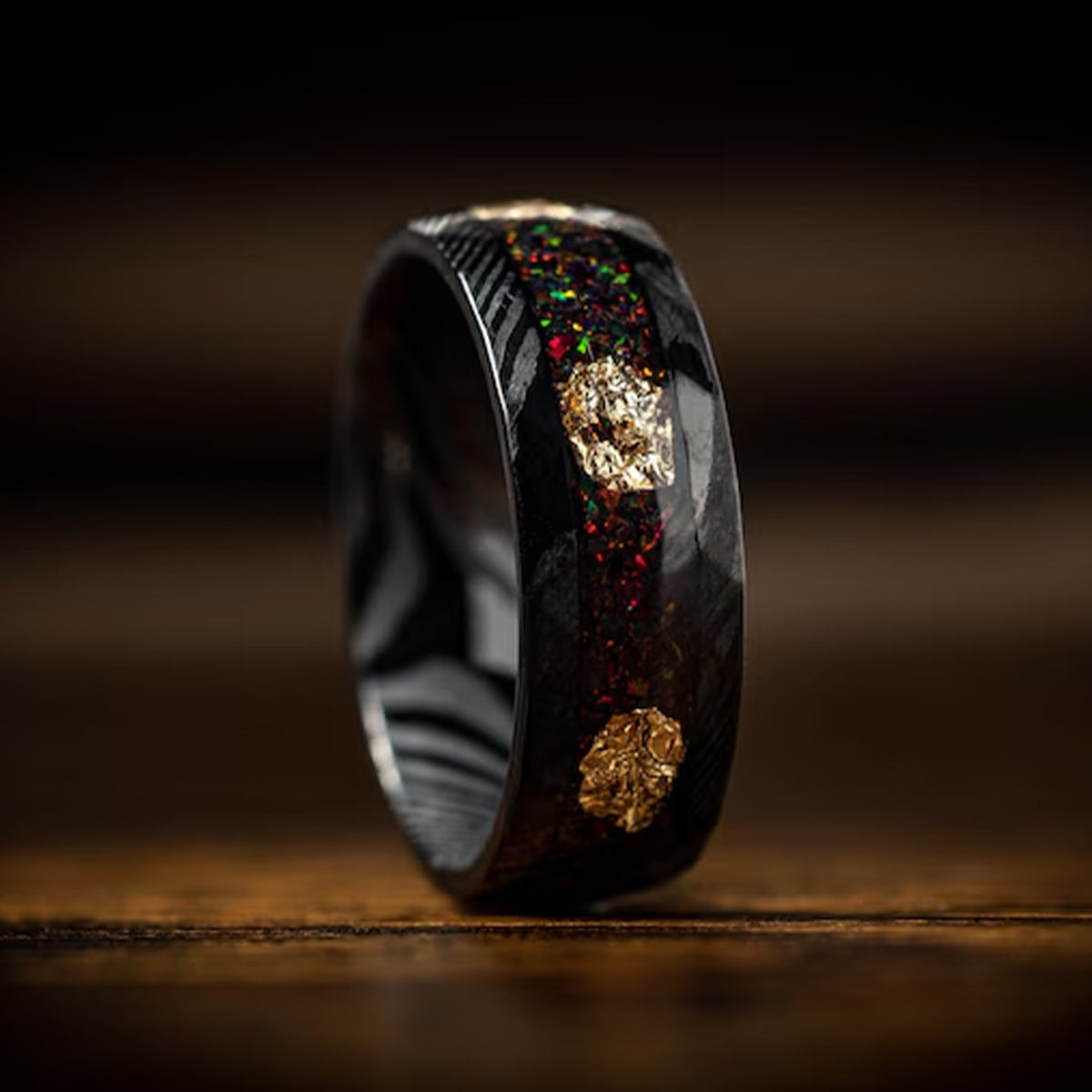 8mm black Damascus steel ring, men's wedding bands, set with red opal and gold foil, engagement ring men's wedding rings-4