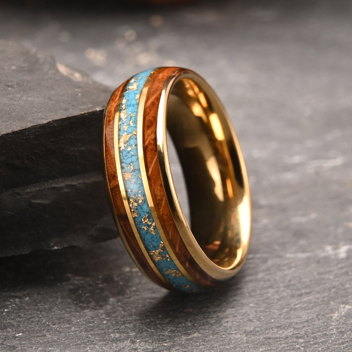 8MM Gold Color Tungsten Carbide Ring Inlaid With Gold Foil Turquoise, Men's Wedding Bands, Engagement & Wedding Ring Promise Ring-zoom-5