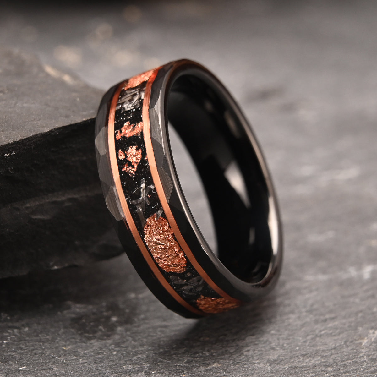 8MM Black Tungsten Carbide Ring Men's Wedding Bands Inlaid With Meteorite  Rose Gold Foil Men's Ring Engagement & Wedding Rings-5
