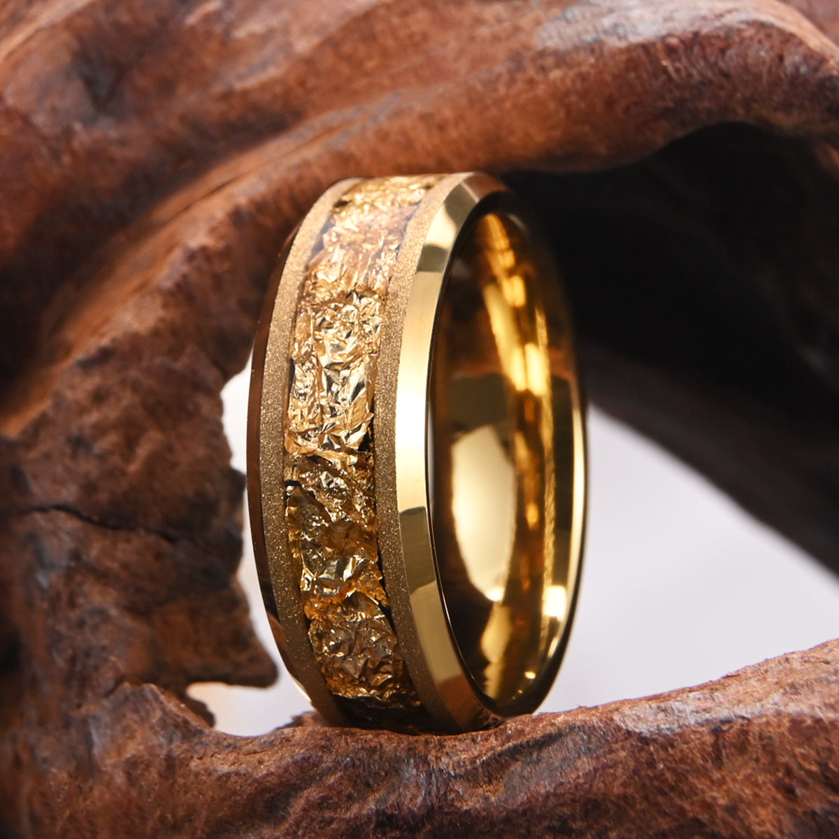 Gold Men's Wedding Band, Unique Tungsten Ring, Yellow Gold Ring with Gold Foil Inlay, Mens Ring, Mens Wedding Band, Wedding Ring, Mens Band-7