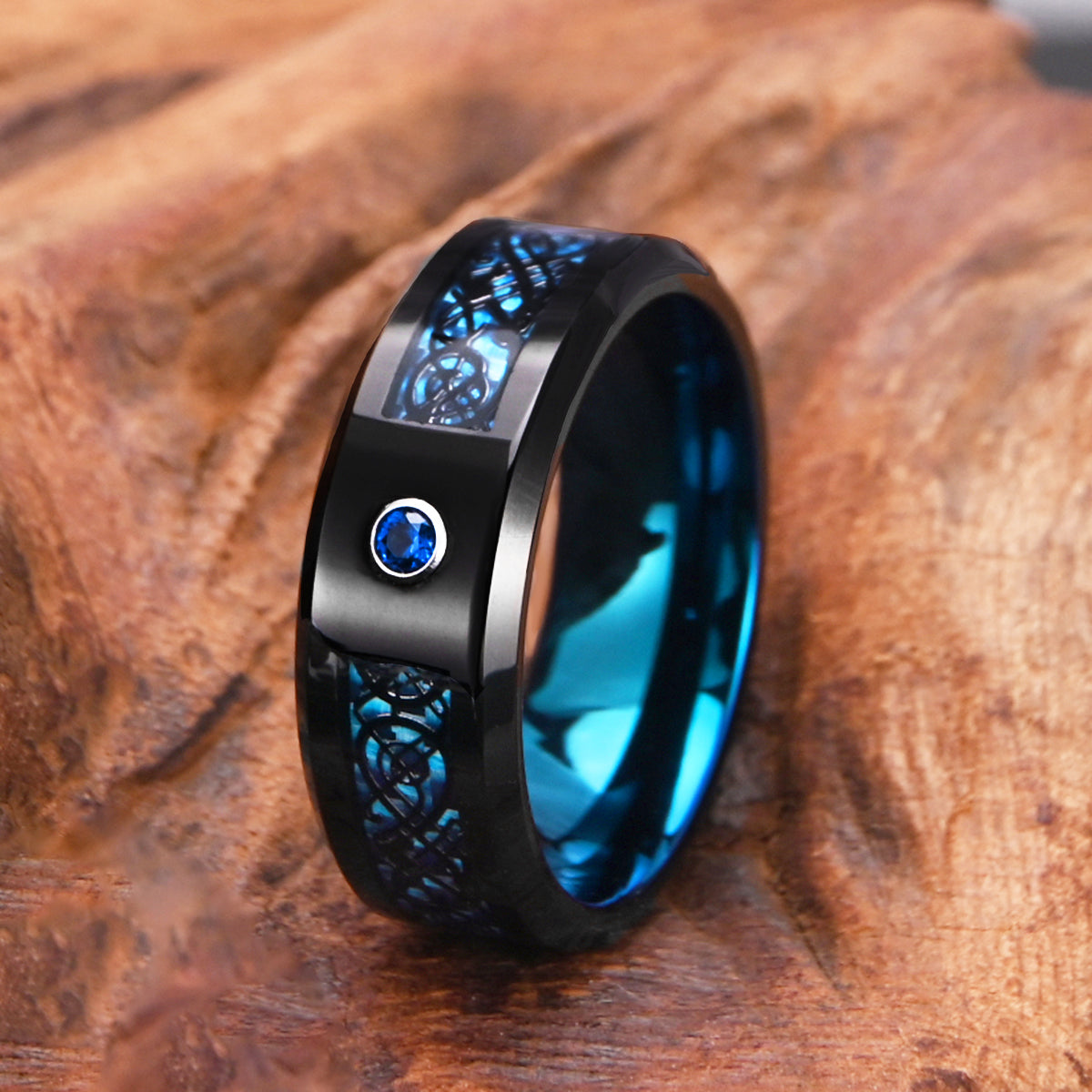 8mm Black Tungsten Carbide Ring, Men's Wedding Ring, Set With Blue Zircon, Engagement & Wedding Ring, Promise Ring-zoom-5