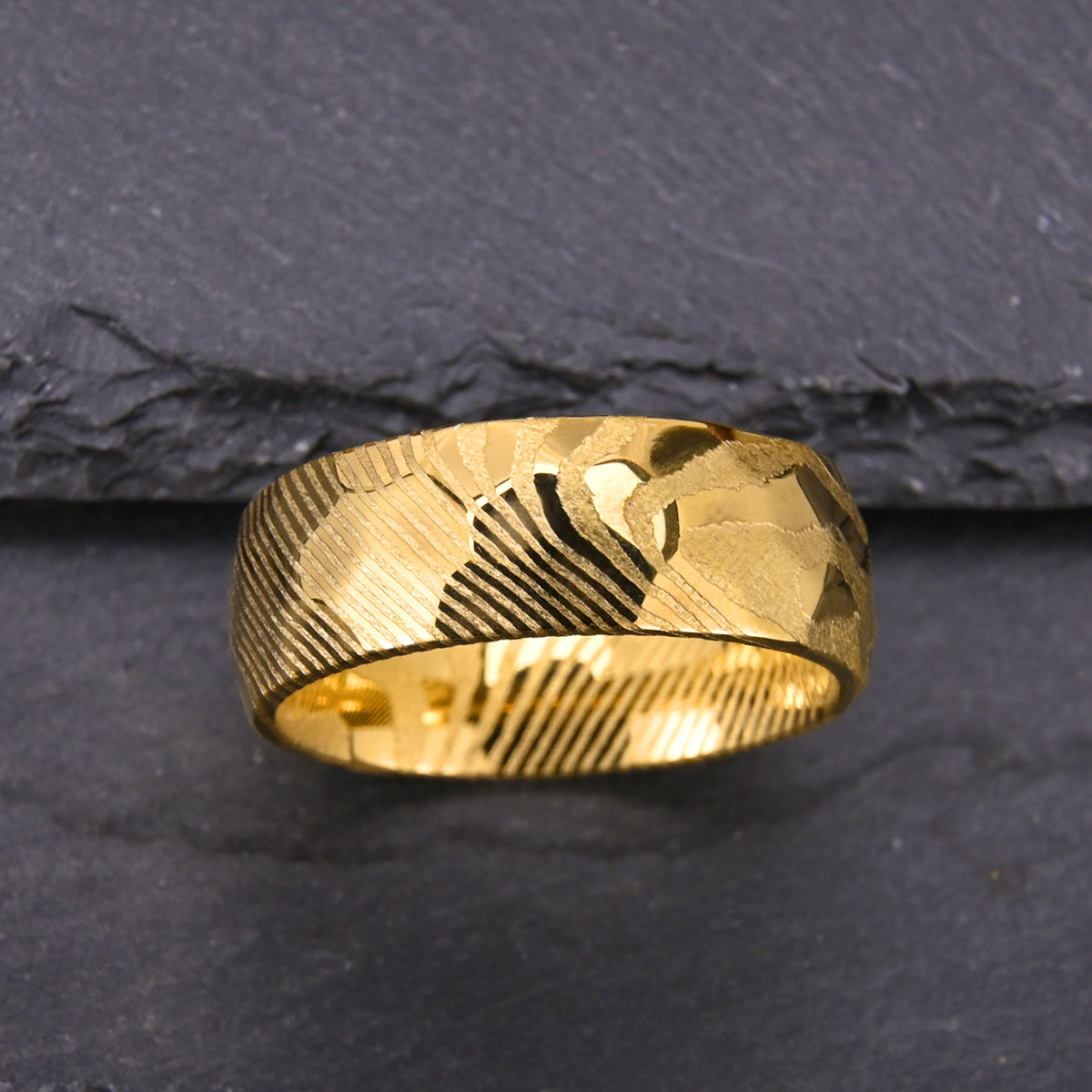 Gold Damascus Hammered Ring | Unique Mens Wedding Band Gold Steel 8mm Ring