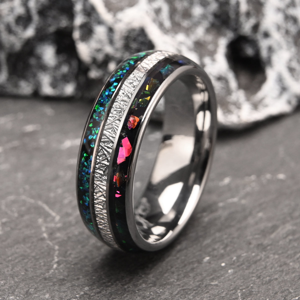 8mm Silver Color Tungsten Carbide Ring, Men's Wedding Bands, Inlaid with Colorful Opal, Men's Ring, Engagement & Wedding Rings, Promise Ring-zoom-6