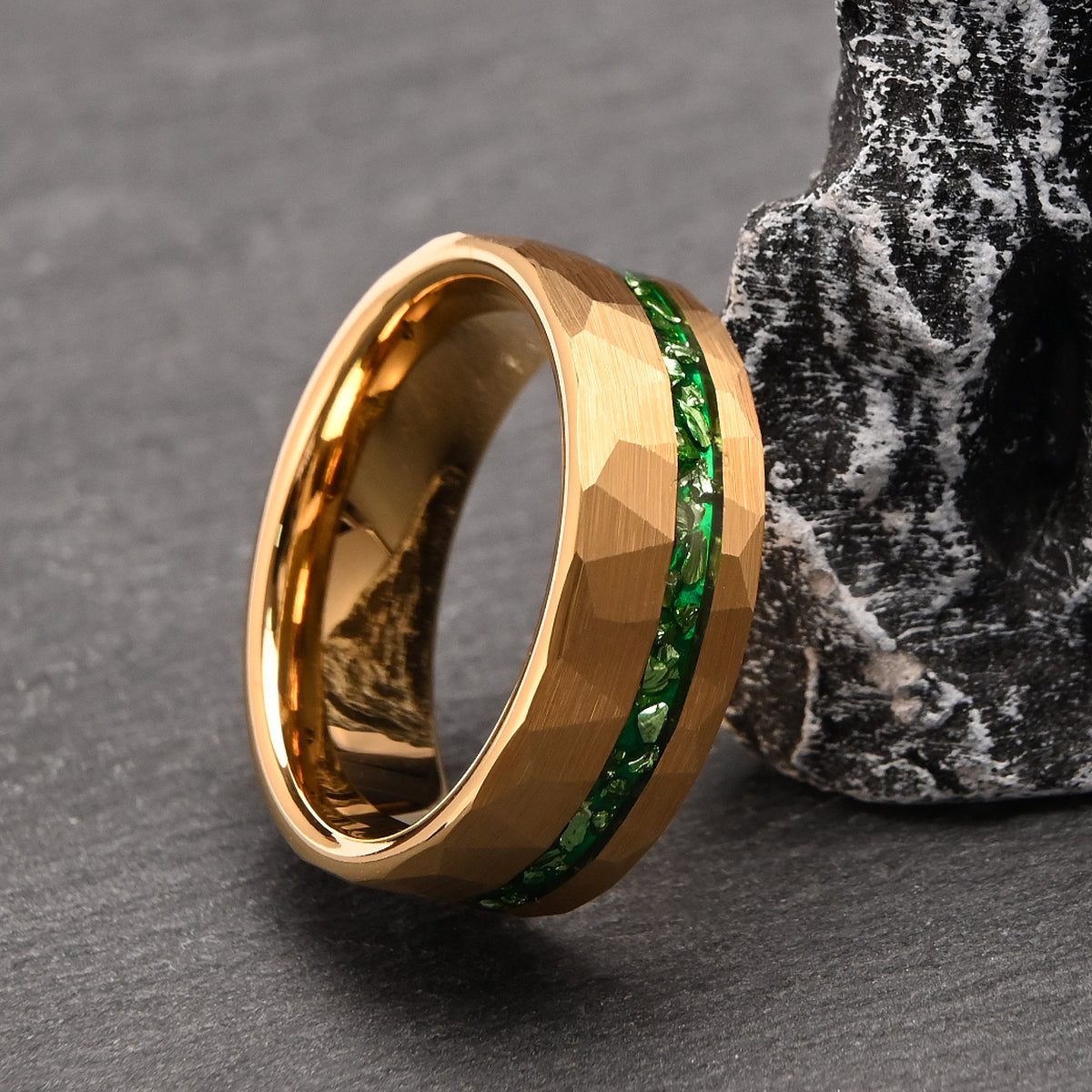 8mm Gold Color Tungsten Carbide Ring, Men's Wedding Bands, Set With Green Crystal, Engagement & Wedding Ring, Promise Rings, Crystal Ring-zoom-5