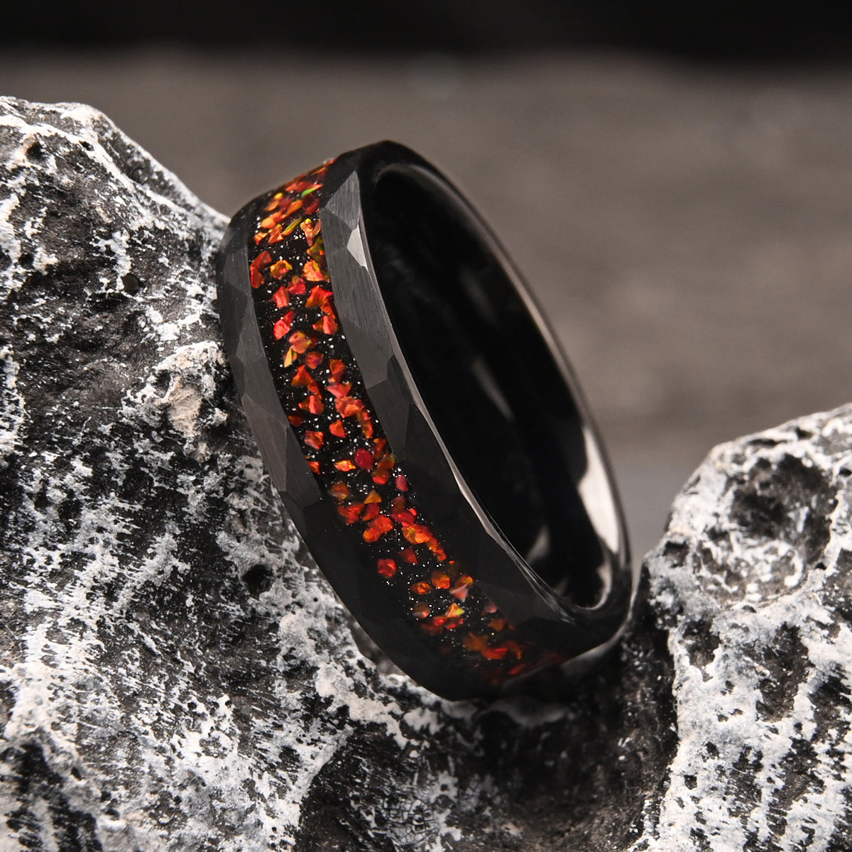 8MM Black Tungsten Carbide Ring, Men's Wedding Bands, Inlaid With Red Opal, Engagement & Wedding Ring, Promise Rings.-5