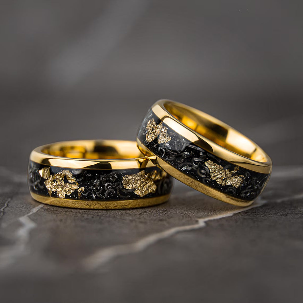 Meteorite Gold Leaf Flakes Wedding Band, Crushed Meteorite & Gold Ring, Mens Wedding Band, Tungsten Ring, Mens Ring, Promise Ring-zoom-3