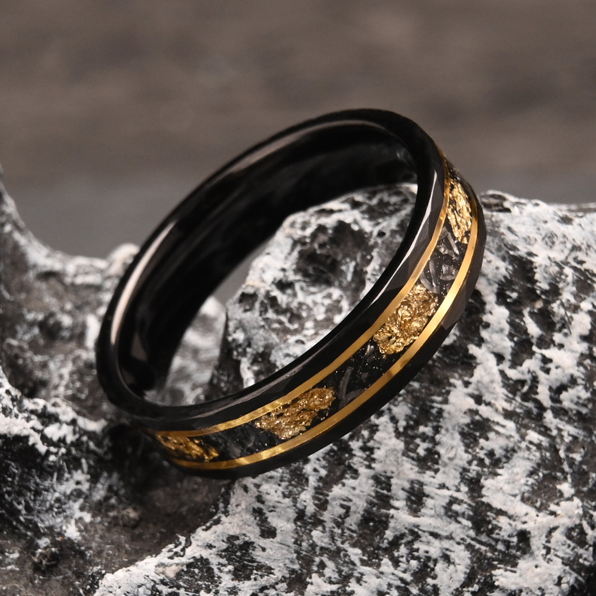 8MM/6MM Black Tungsten Carbide Ring Men's Wedding Bands Inlaid with Gold Leaf Meteorite Engagement & Wedding Rings Meteorite Ring-zoom-5