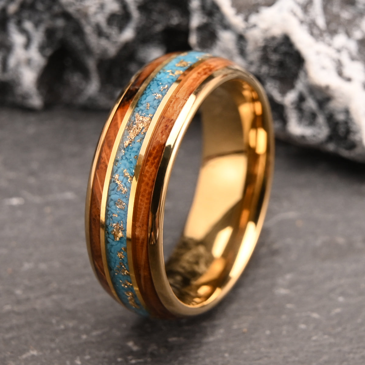 8MM Gold Color Tungsten Carbide Ring Inlaid With Gold Foil Turquoise, Men's Wedding Bands, Engagement & Wedding Ring Promise Ring-6
