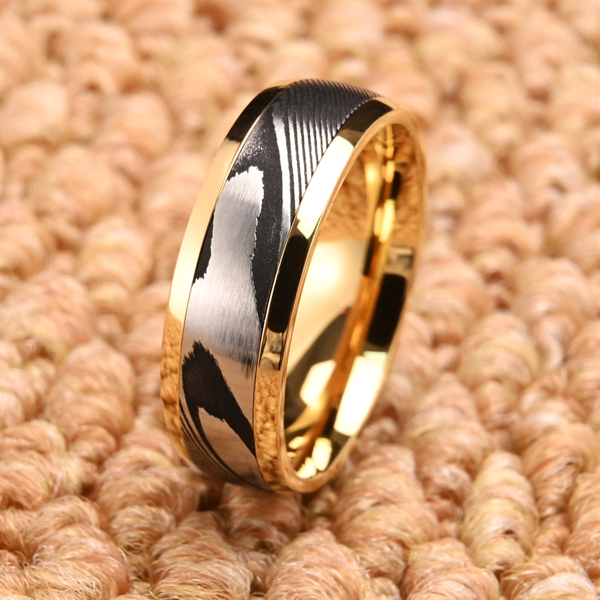 Bague en acier damassé doré de 8 mm pour homme - Alliance - Bijou tendance - Bague de fiançailles-zoom-6