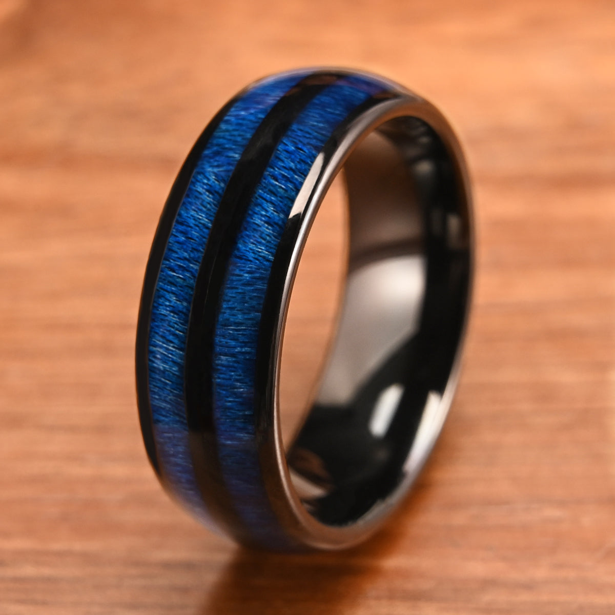 8MM Black Tungsten Carbide Ring, Men's Wedding Bands, Inlaid With Blue Maple Wood, Engagement & Wedding Ring, Promise Ring.-5