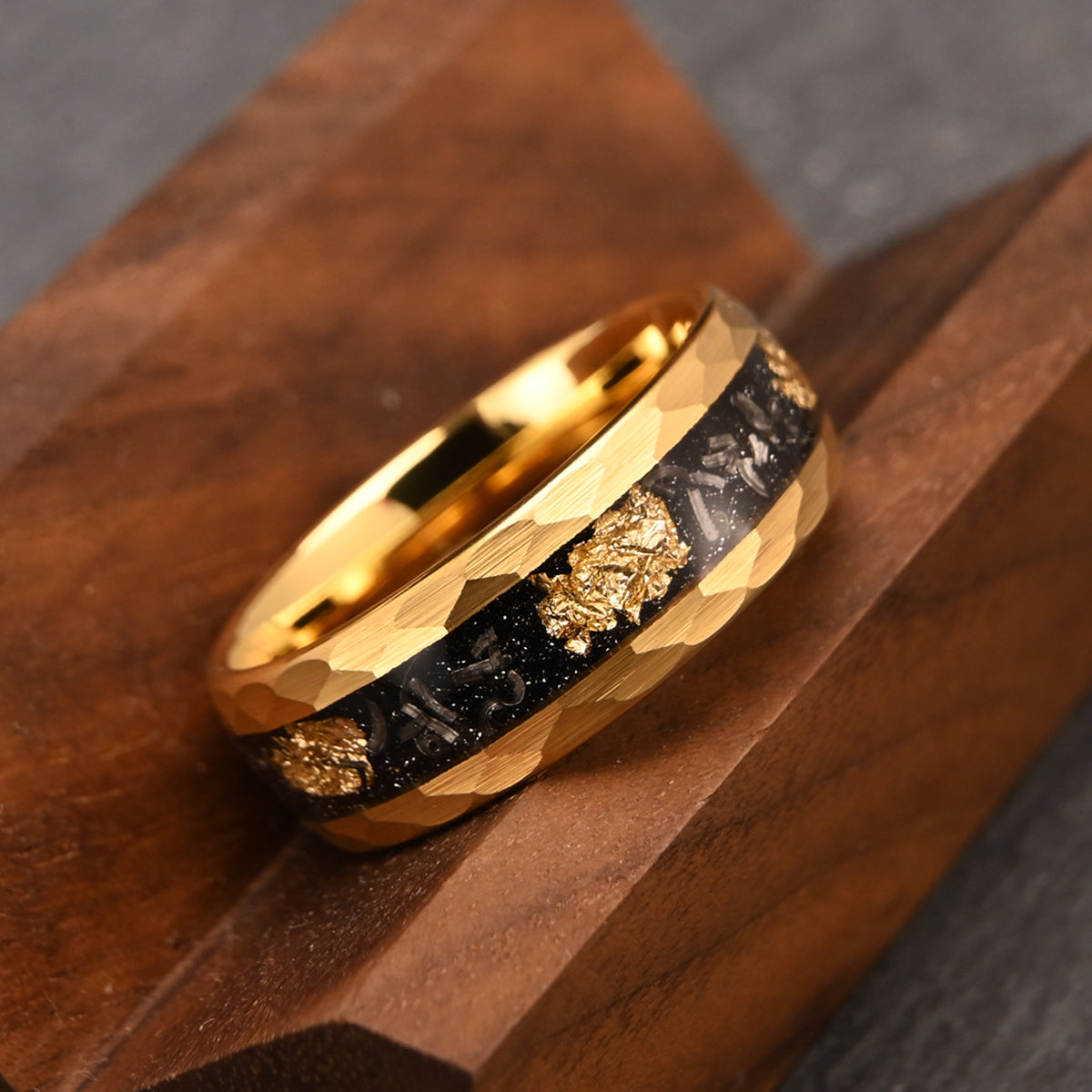 8MM Gold Color Tungsten Carbide Rin Men's Wedding Bands, Inlaid with Gold Leaf Meteorite, Engagement & Wedding Rings, Meteorite Ring, Promise Ring