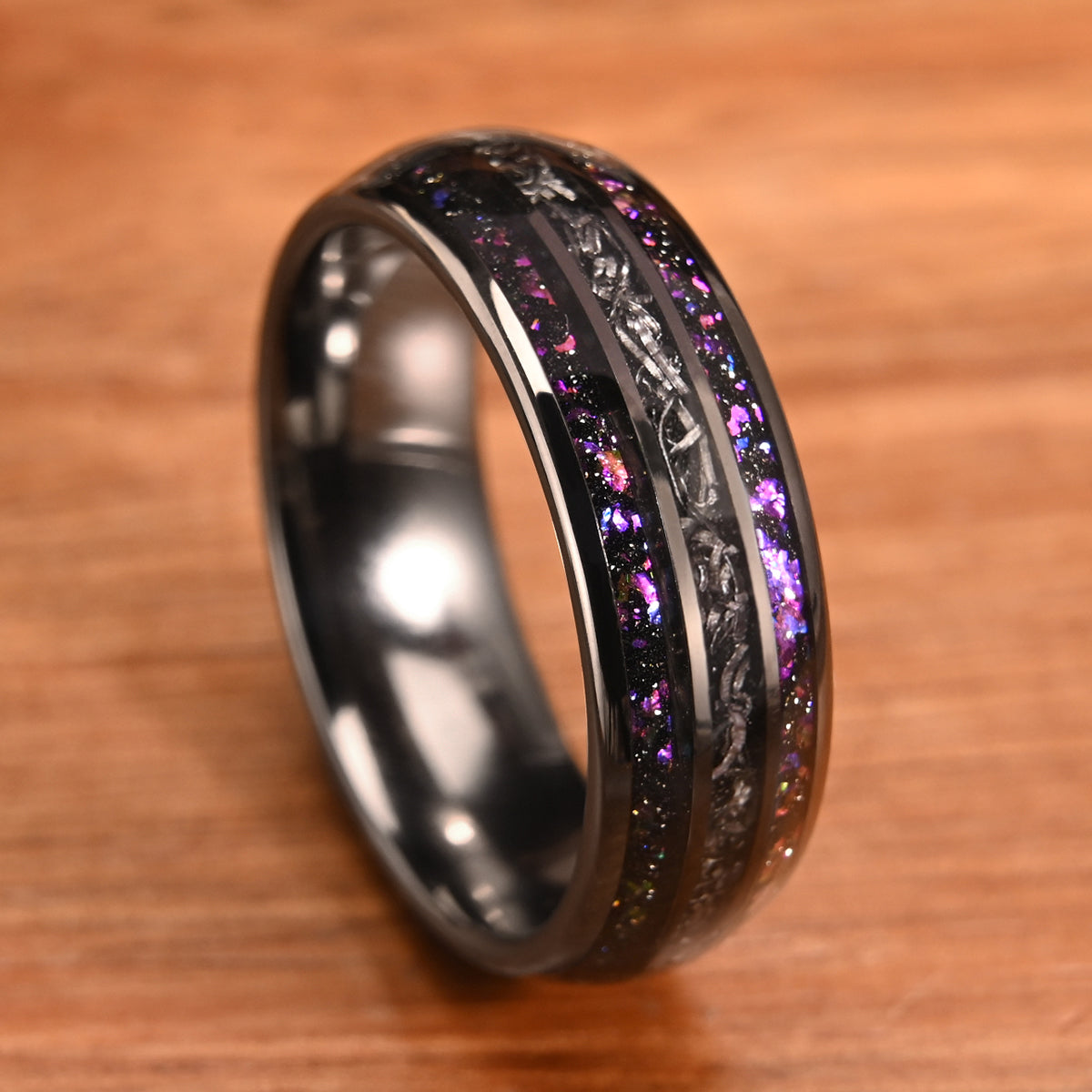 8MM Black Tungsten Carbide Ring Inlaid With Meteorite Amethyst Men's Wedding Bands, Engagement & Wedding Ring, Promise Rings-zoom-5