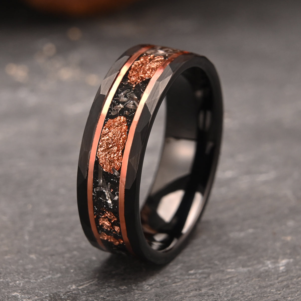 8MM Black Tungsten Carbide Ring Men's Wedding Bands Inlaid With Meteorite  Rose Gold Foil Men's Ring Engagement & Wedding Rings-zoom-6