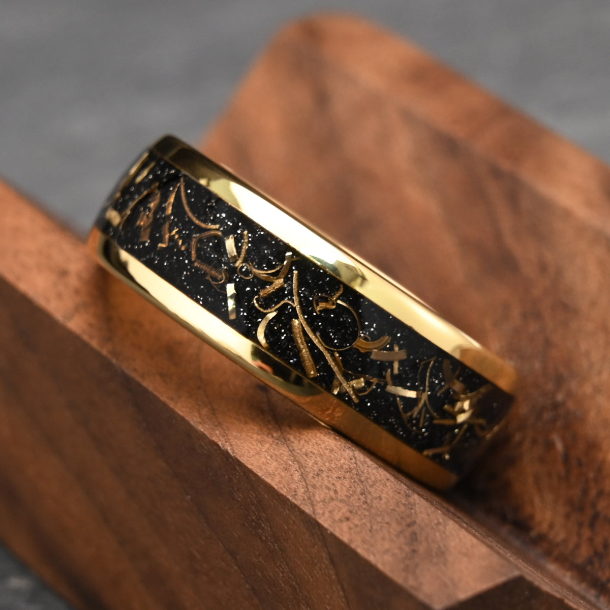 Golden tungsten carbide ring, men's wedding rings, wedding bands, set with gold wire, plated with 18K gold.-5