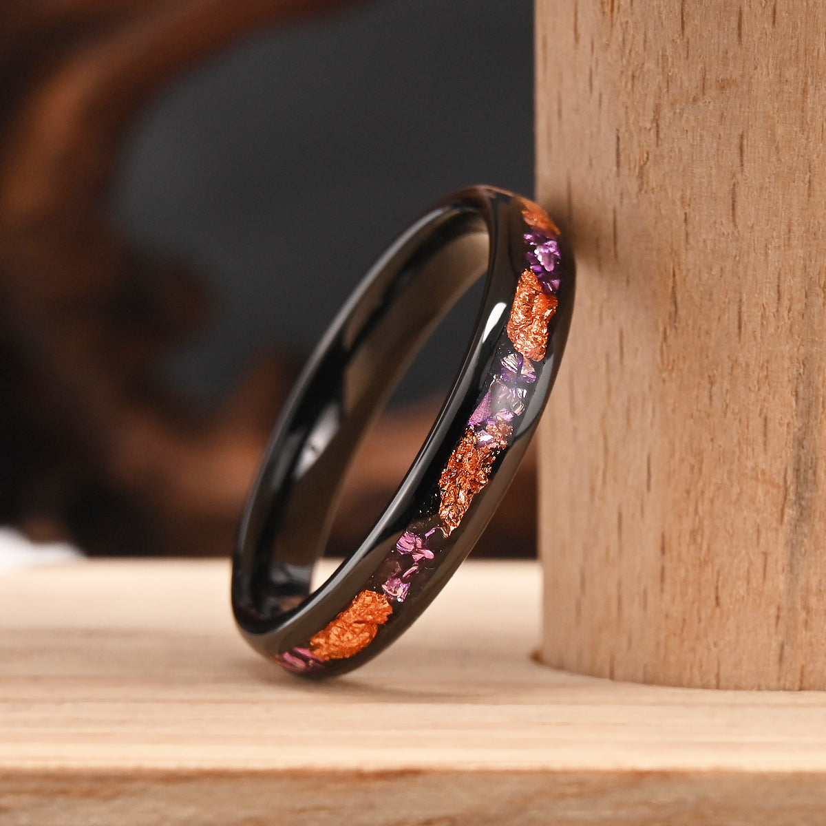 8MM/4MM Black Tungsten Carbide Ring inlaid with Amethyst and Rose Gold Foil Men's Wedding Band Engagement Ring Wedding Ring-zoom-7