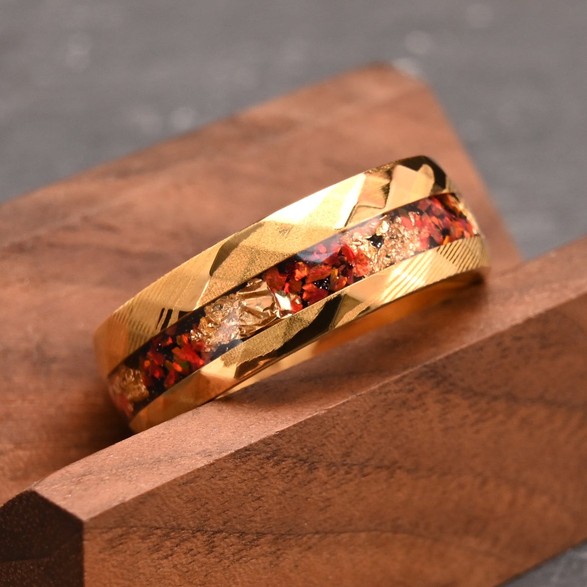Yellow Damascus Steel Mens Ring: Opal & Gold Flakes Wedding Bands-3