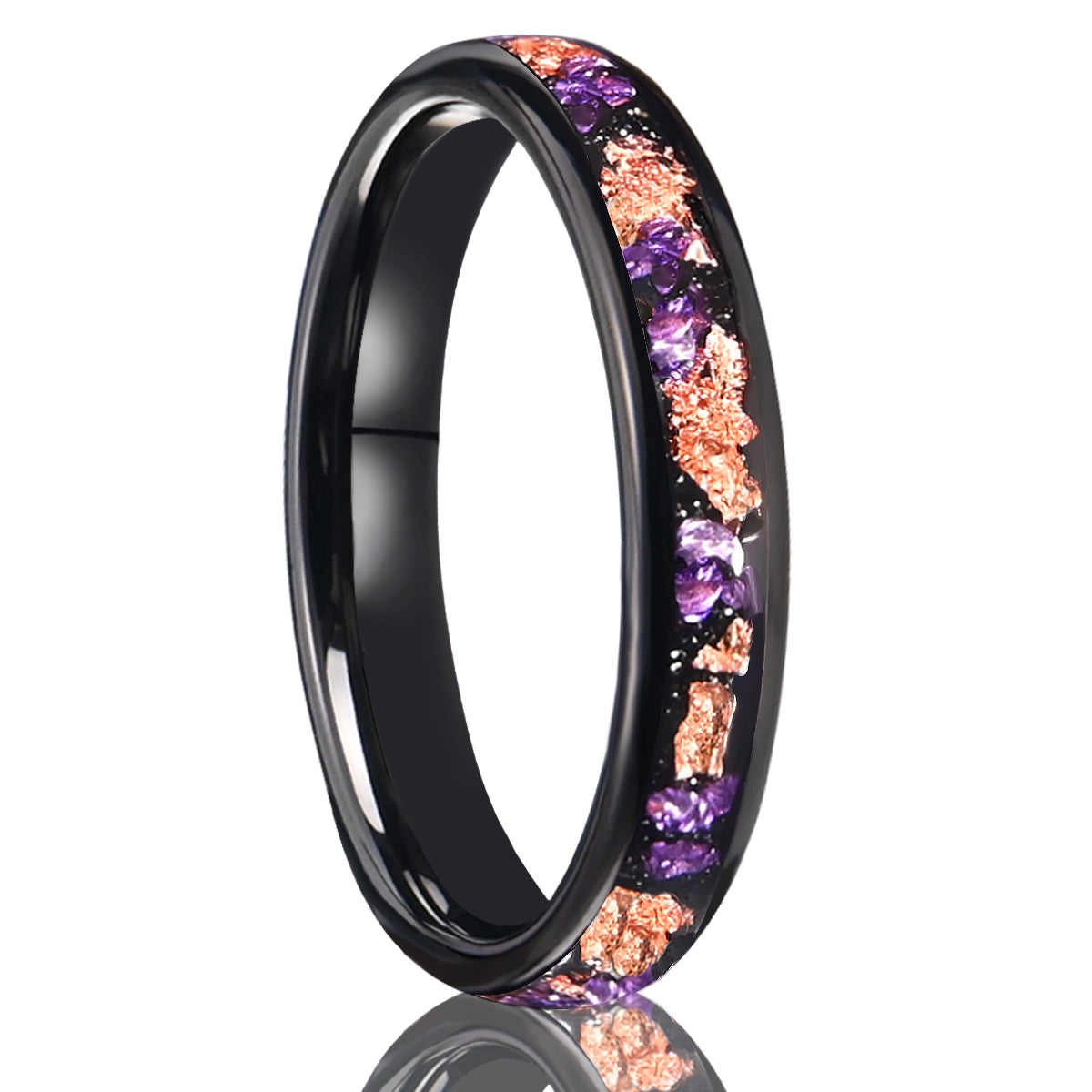 8MM/4MM Black Tungsten Carbide Ring inlaid with Amethyst and Rose Gold Foil Men's Wedding Band Engagement Ring Wedding Ring
