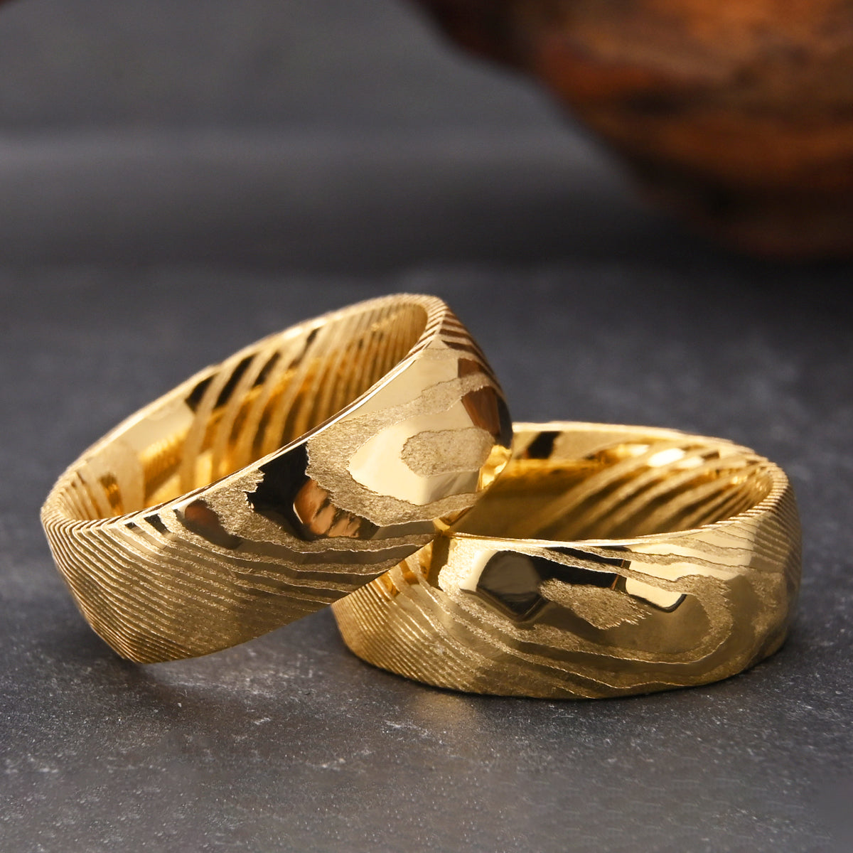 Gold Damascus Hammered Ring | Unique Mens Wedding Band Gold Steel 8mm Ring-zoom-3
