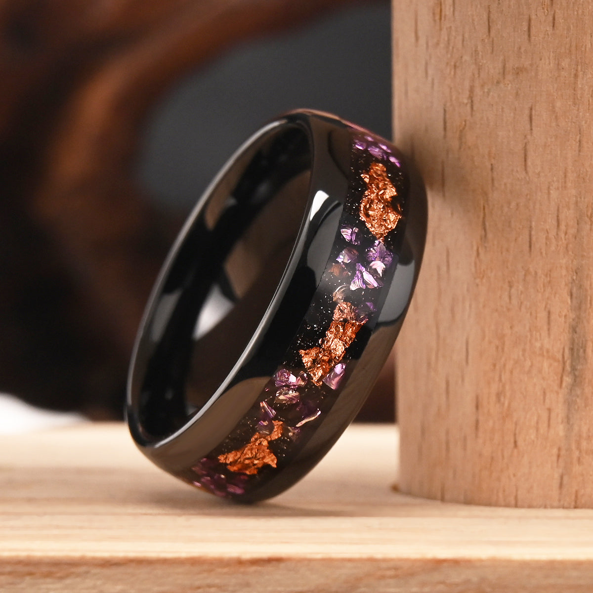 8MM/4MM Black Tungsten Carbide Ring inlaid with Amethyst and Rose Gold Foil Men's Wedding Band Engagement Ring Wedding Ring-zoom-6