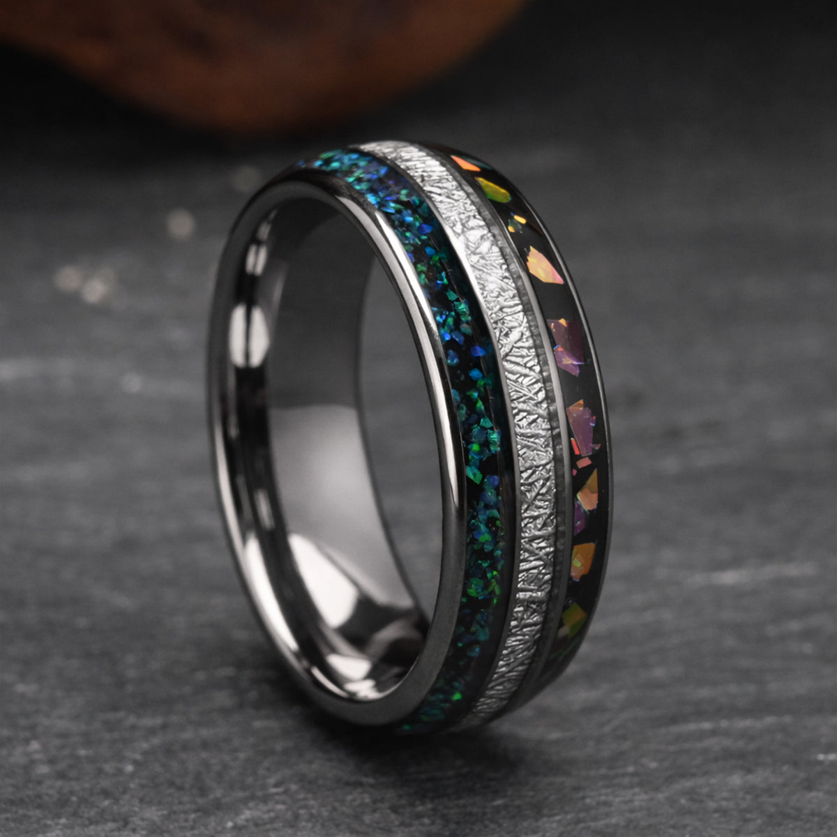 8mm Silver Color Tungsten Carbide Ring, Men's Wedding Bands, Inlaid with Colorful Opal, Men's Ring, Engagement & Wedding Rings, Promise Ring-zoom-7