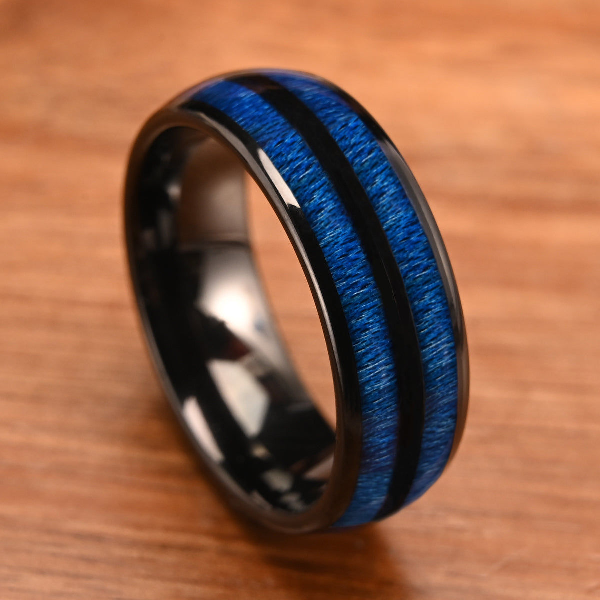 8MM Black Tungsten Carbide Ring, Men's Wedding Bands, Inlaid With Blue Maple Wood, Engagement & Wedding Ring, Promise Ring.-zoom-4