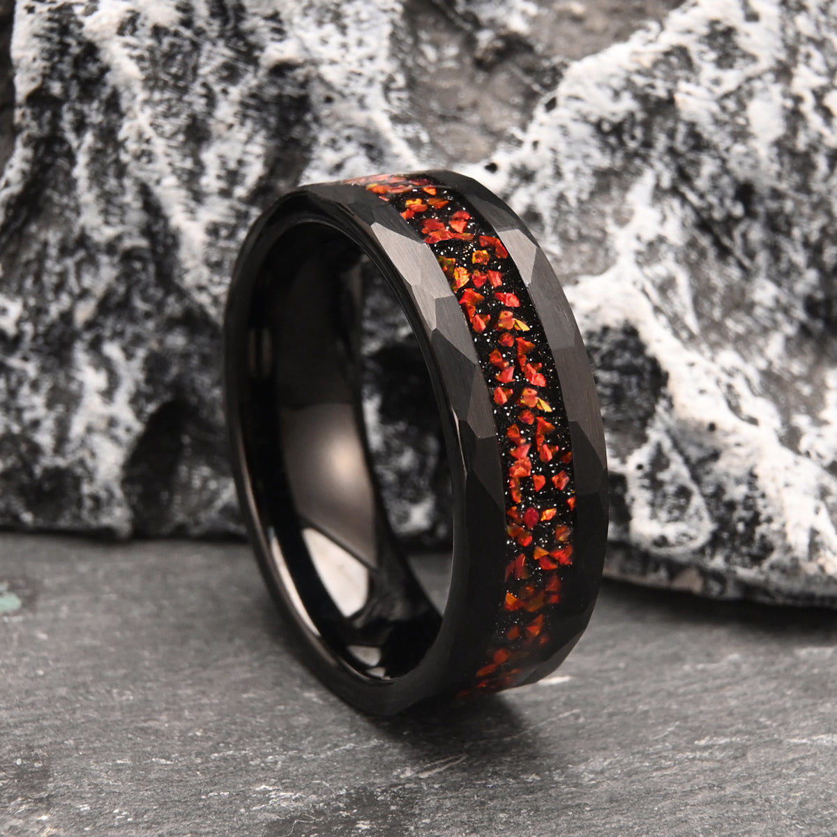 8MM Black Tungsten Carbide Ring, Men's Wedding Bands, Inlaid With Red Opal, Engagement & Wedding Ring, Promise Rings.-6
