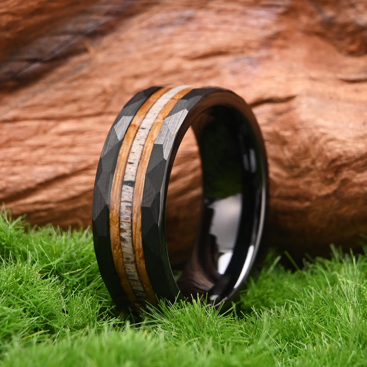 8MM Black Tungsten Carbide Ring Set With Deer Antler Men's Wedding Ring Fashion Jewelry Engagement Ring Wedding Ring-zoom-6