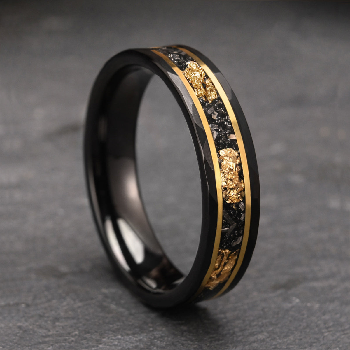 8MM/6MM Black Tungsten Carbide Ring Men's Wedding Bands Inlaid with Gold Leaf Meteorite Engagement & Wedding Rings Meteorite Ring-zoom-6