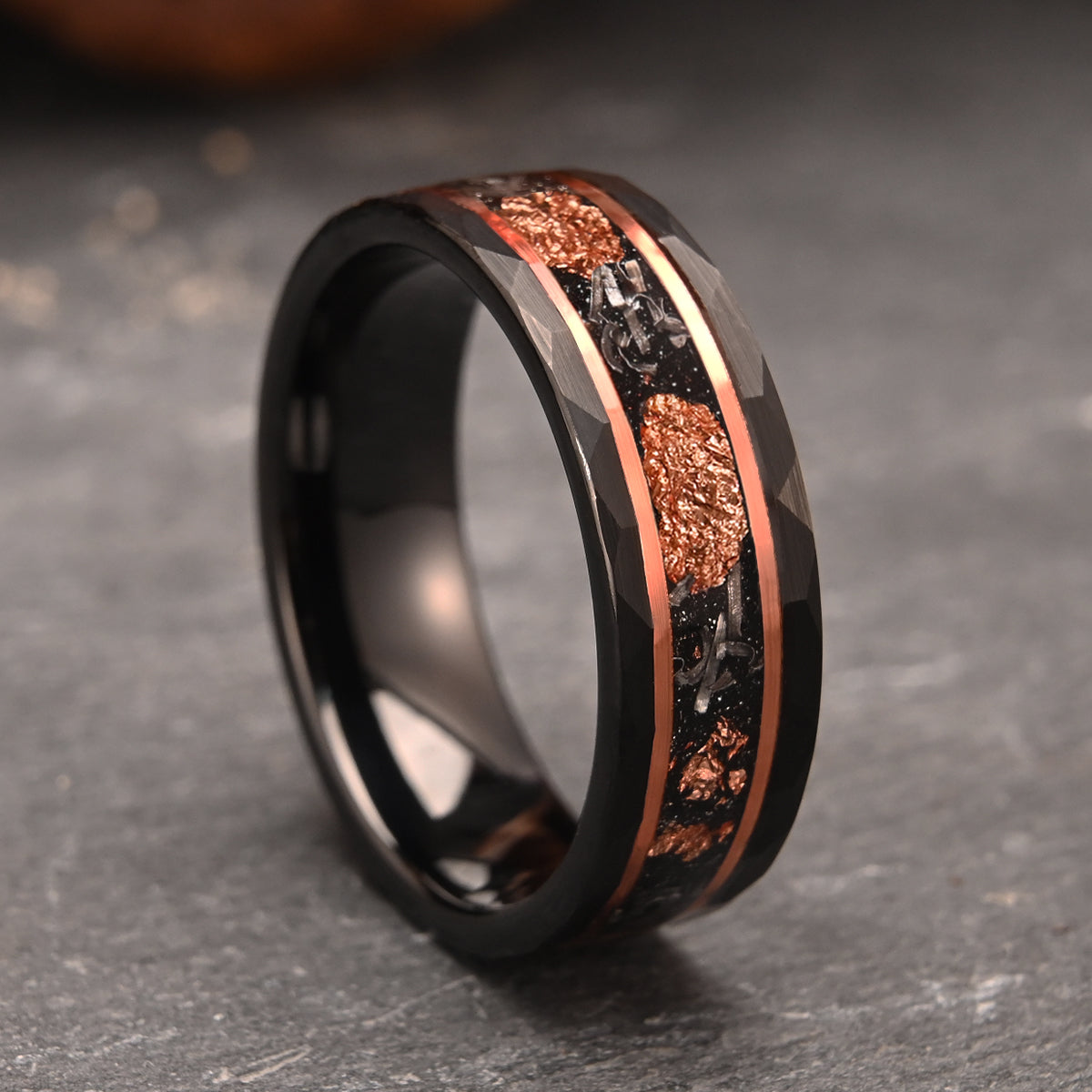 8MM Black Tungsten Carbide Ring Men's Wedding Bands Inlaid With Meteorite  Rose Gold Foil Men's Ring Engagement & Wedding Rings-zoom-2