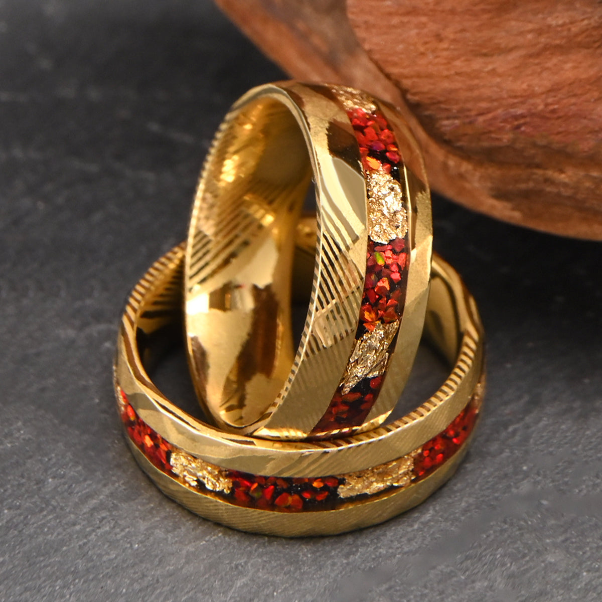 Yellow Damascus Steel Mens Ring: Opal & Gold Flakes Wedding Bands-zoom-2