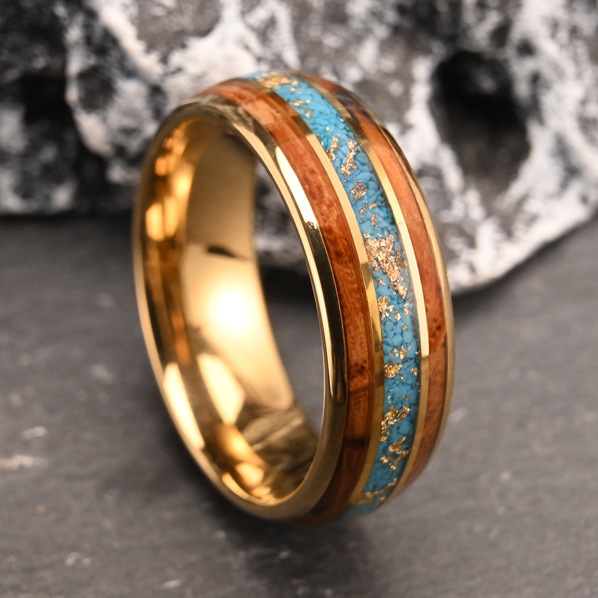 8MM Gold Color Tungsten Carbide Ring Inlaid With Gold Foil Turquoise, Men's Wedding Bands, Engagement & Wedding Ring Promise Ring-zoom-7