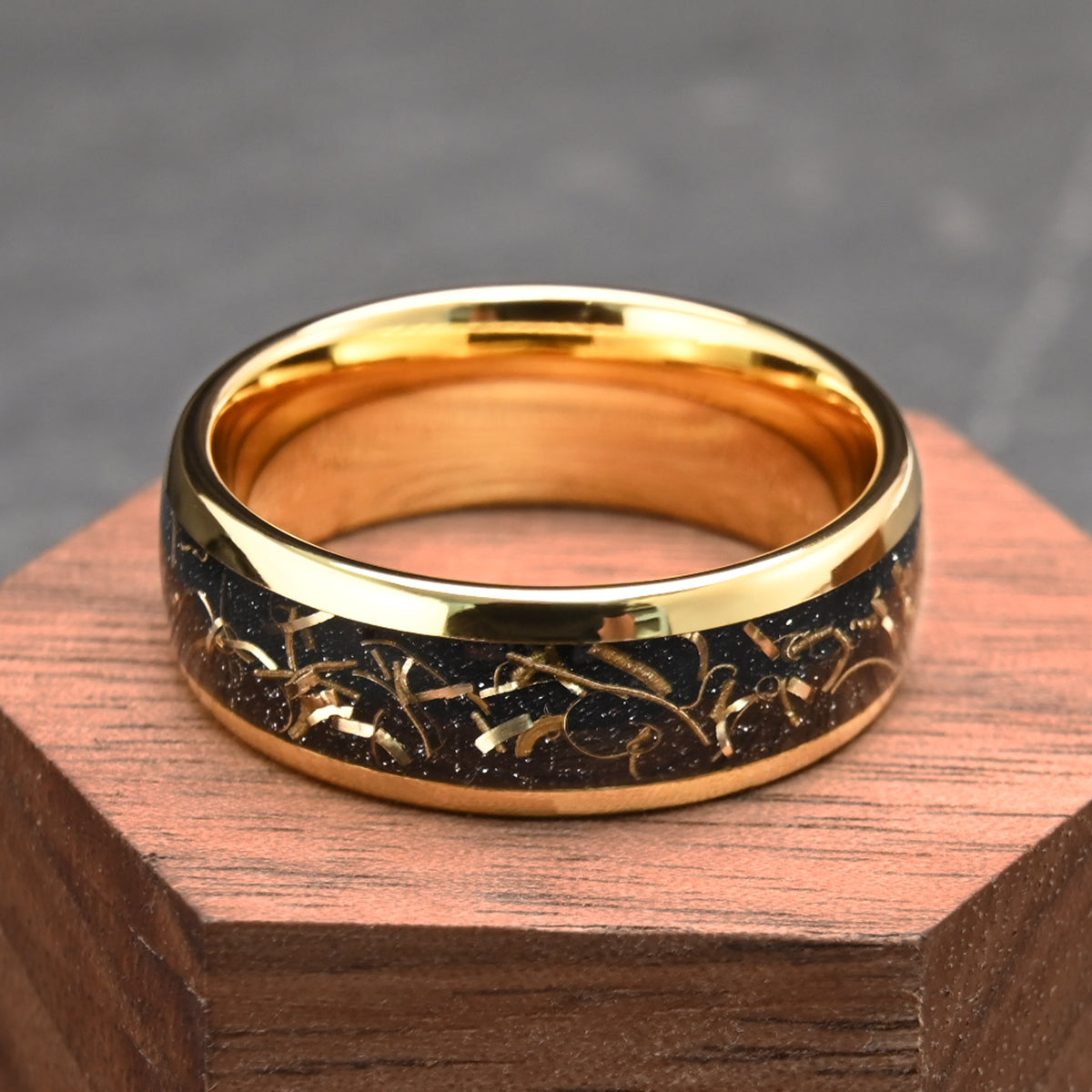 Golden tungsten carbide ring, men's wedding rings, wedding bands, set with gold wire, plated with 18K gold.-zoom-6