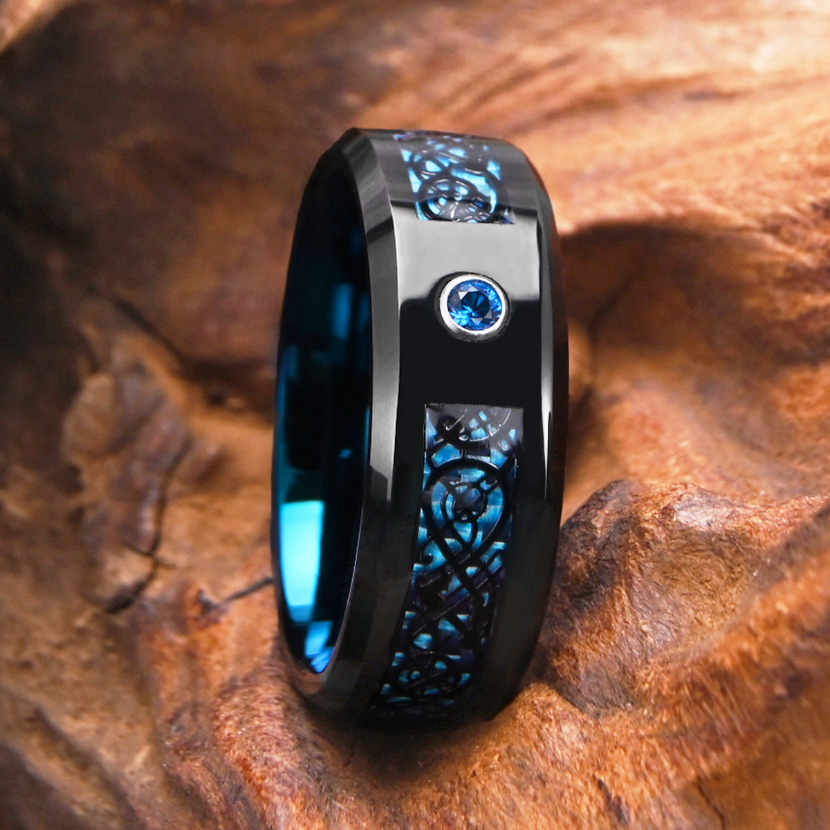 8mm Black Tungsten Carbide Ring, Men's Wedding Ring, Set With Blue Zircon, Engagement & Wedding Ring, Promise Ring-6