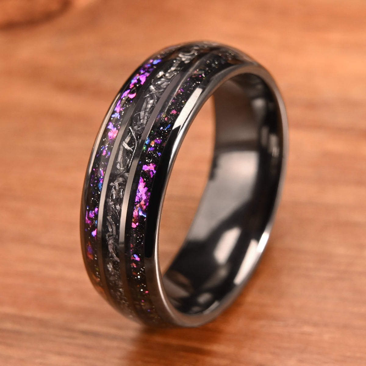 8MM Black Tungsten Carbide Ring Inlaid With Meteorite Amethyst Men's Wedding Bands, Engagement & Wedding Ring, Promise Rings-zoom-6
