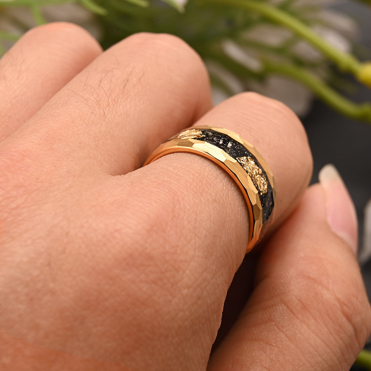 8MM Gold Color Tungsten Carbide Rin Men's Wedding Bands, Inlaid with Gold Leaf Meteorite, Engagement & Wedding Rings, Meteorite Ring, Promise Ring-zoom-4