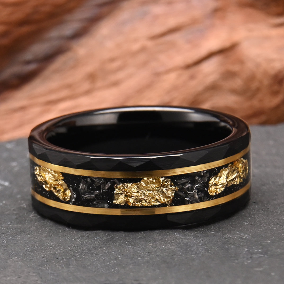 8MM/6MM Black Tungsten Carbide Ring Men's Wedding Bands Inlaid with Gold Leaf Meteorite Engagement & Wedding Rings Meteorite Ring-9