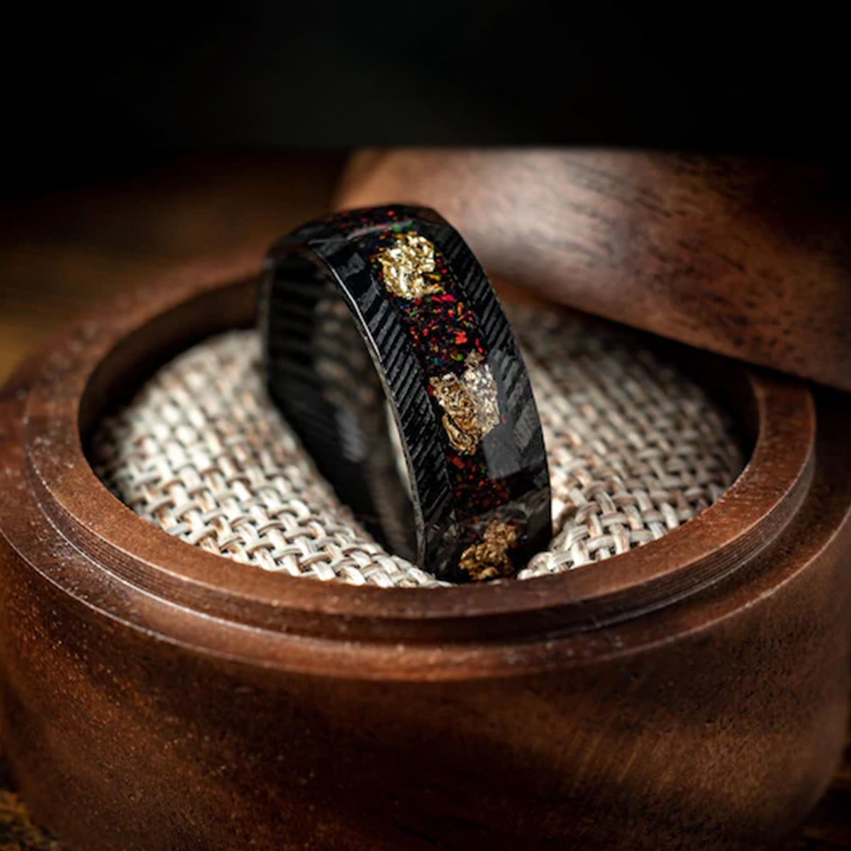 8mm black Damascus steel ring, men's wedding bands, set with red opal and gold foil, engagement ring men's wedding rings-zoom-5