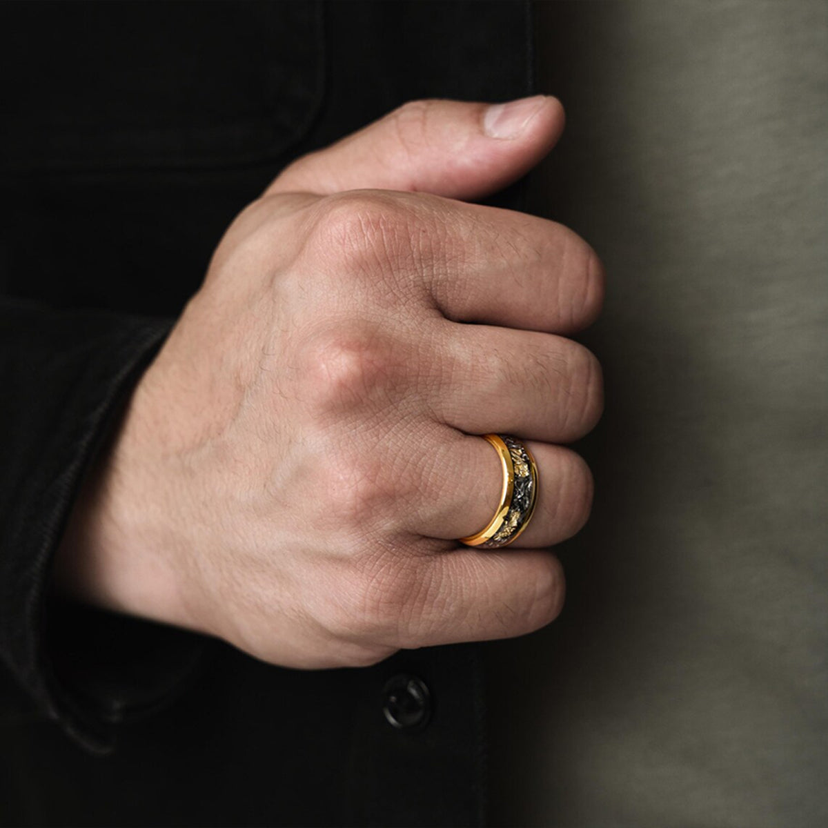 Meteorite Gold Leaf Flakes Wedding Band, Crushed Meteorite & Gold Ring, Mens Wedding Band, Tungsten Ring, Mens Ring, Promise Ring-6