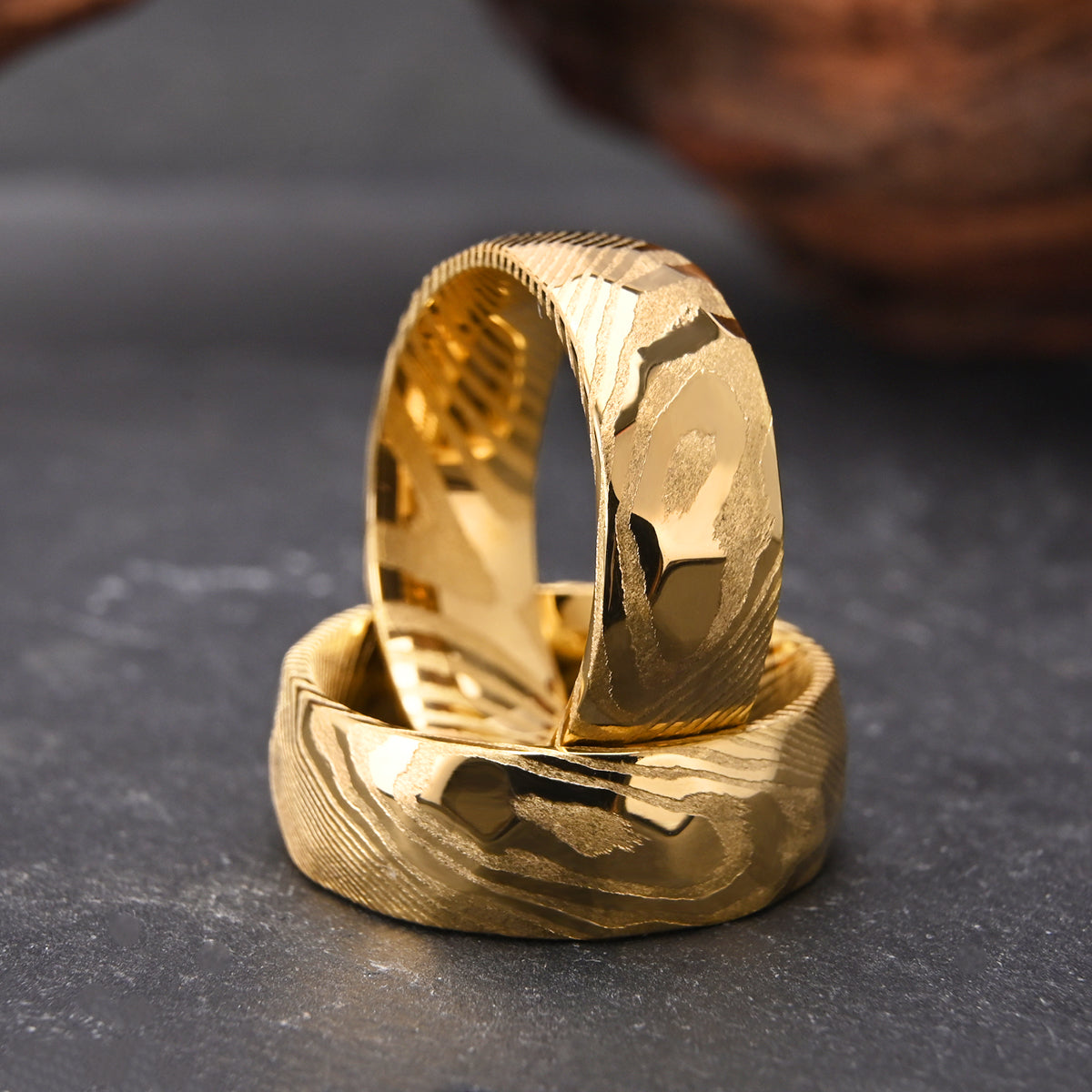 Gold Damascus Hammered Ring | Unique Mens Wedding Band Gold Steel 8mm Ring-zoom-4