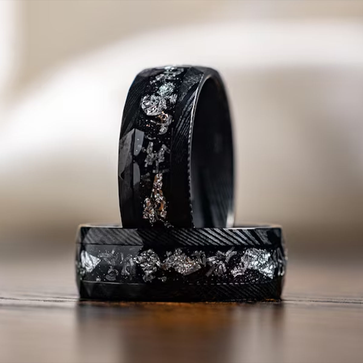 Damascus Steel Ring with Crushed White Gold Flakes & Meteorite Man Wedding Band, Hammered Cosmos Promise Engagement Anniversary Ring For Him-2