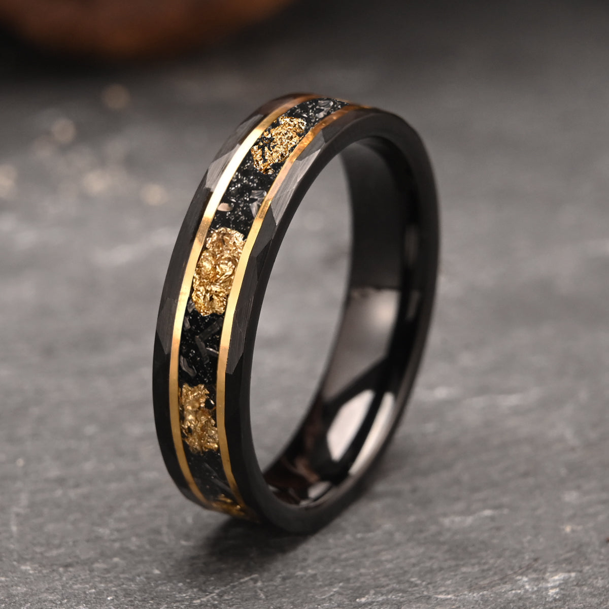8MM/6MM Black Tungsten Carbide Ring Men's Wedding Bands Inlaid with Gold Leaf Meteorite Engagement & Wedding Rings Meteorite Ring-zoom-7