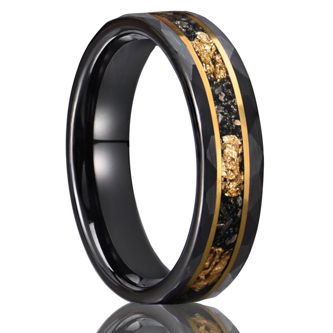 8MM/6MM Black Tungsten Carbide Ring Men's Wedding Bands Inlaid with Gold Leaf Meteorite Engagement & Wedding Rings Meteorite Ring