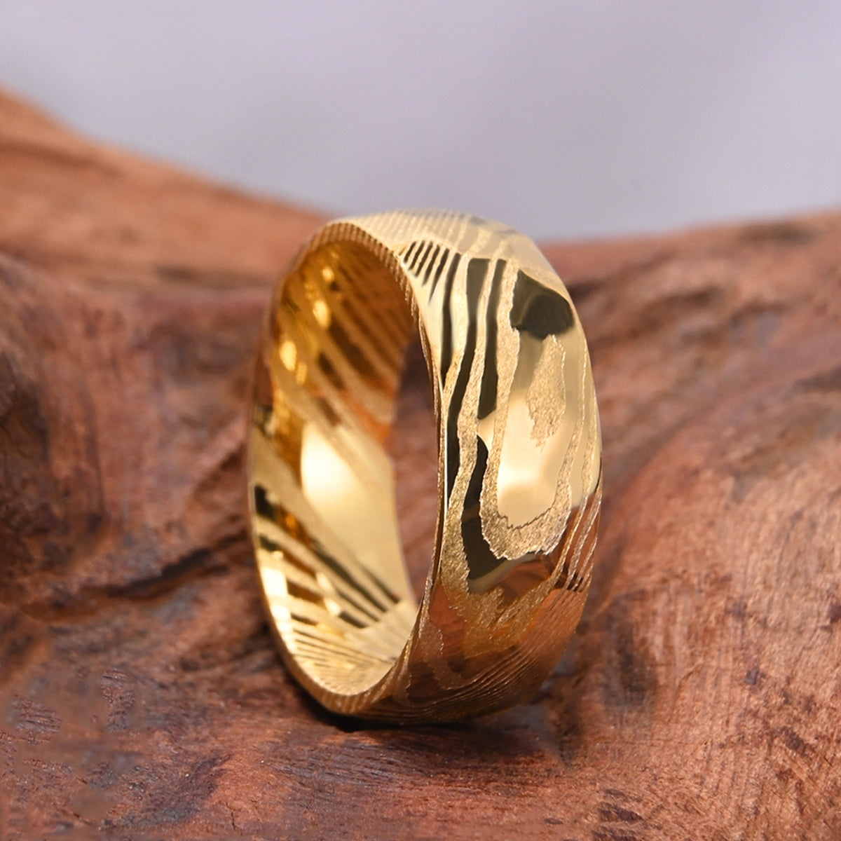 Gold Damascus Hammered Ring | Unique Mens Wedding Band Gold Steel 8mm Ring-zoom-5