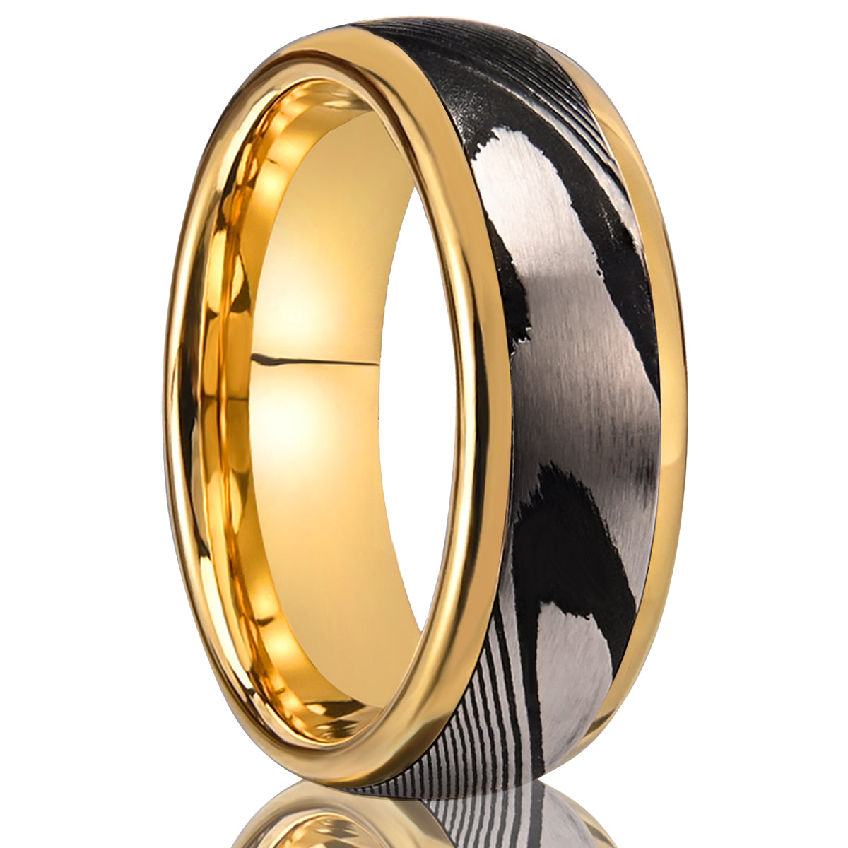 Bague en acier damassé doré de 8 mm pour homme - Alliance - Bijou tendance - Bague de fiançailles-zoom-1