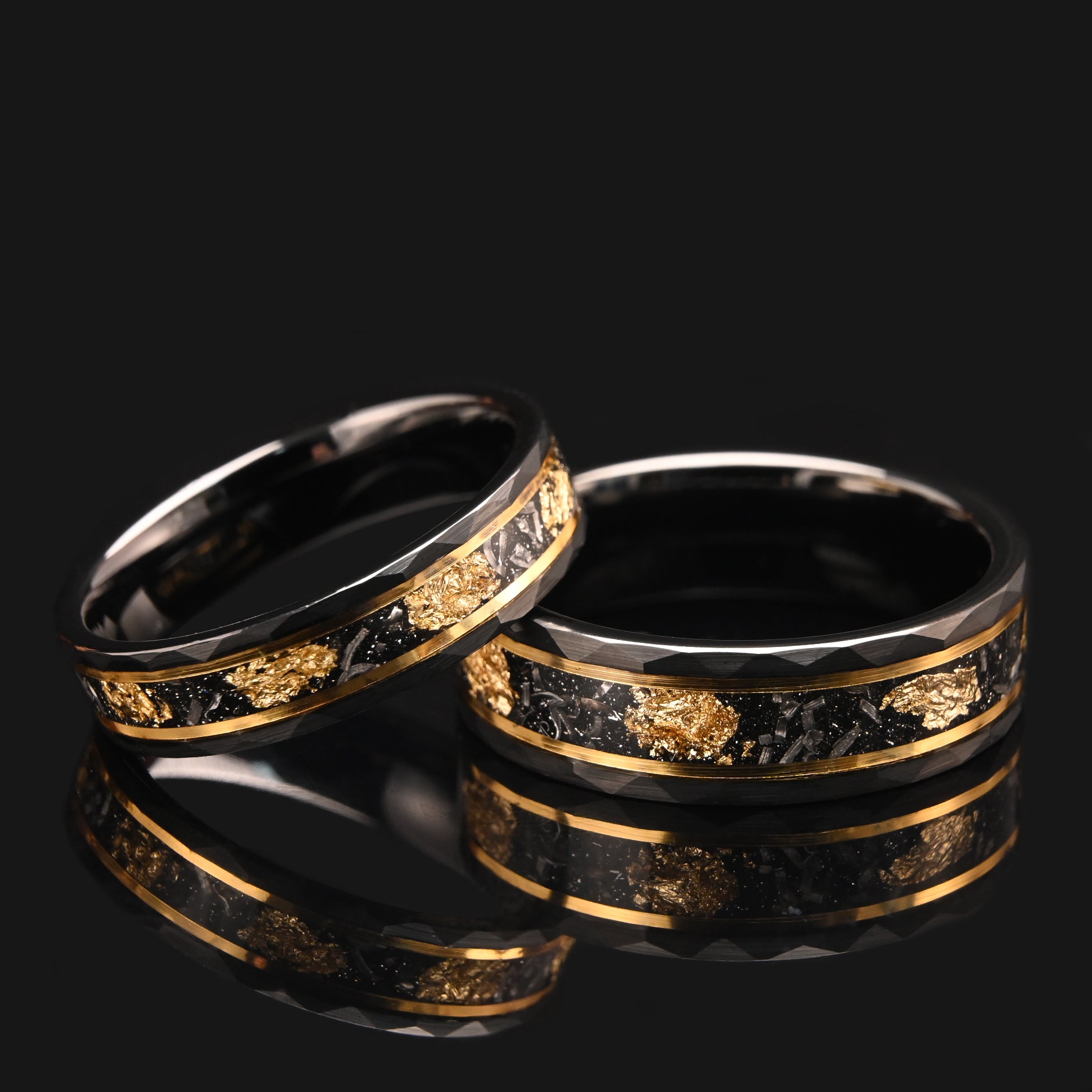 8MM/6MM Black Tungsten Carbide Ring Men's Wedding Bands Inlaid with Gold Leaf Meteorite Engagement & Wedding Rings Meteorite Ring-zoom-3