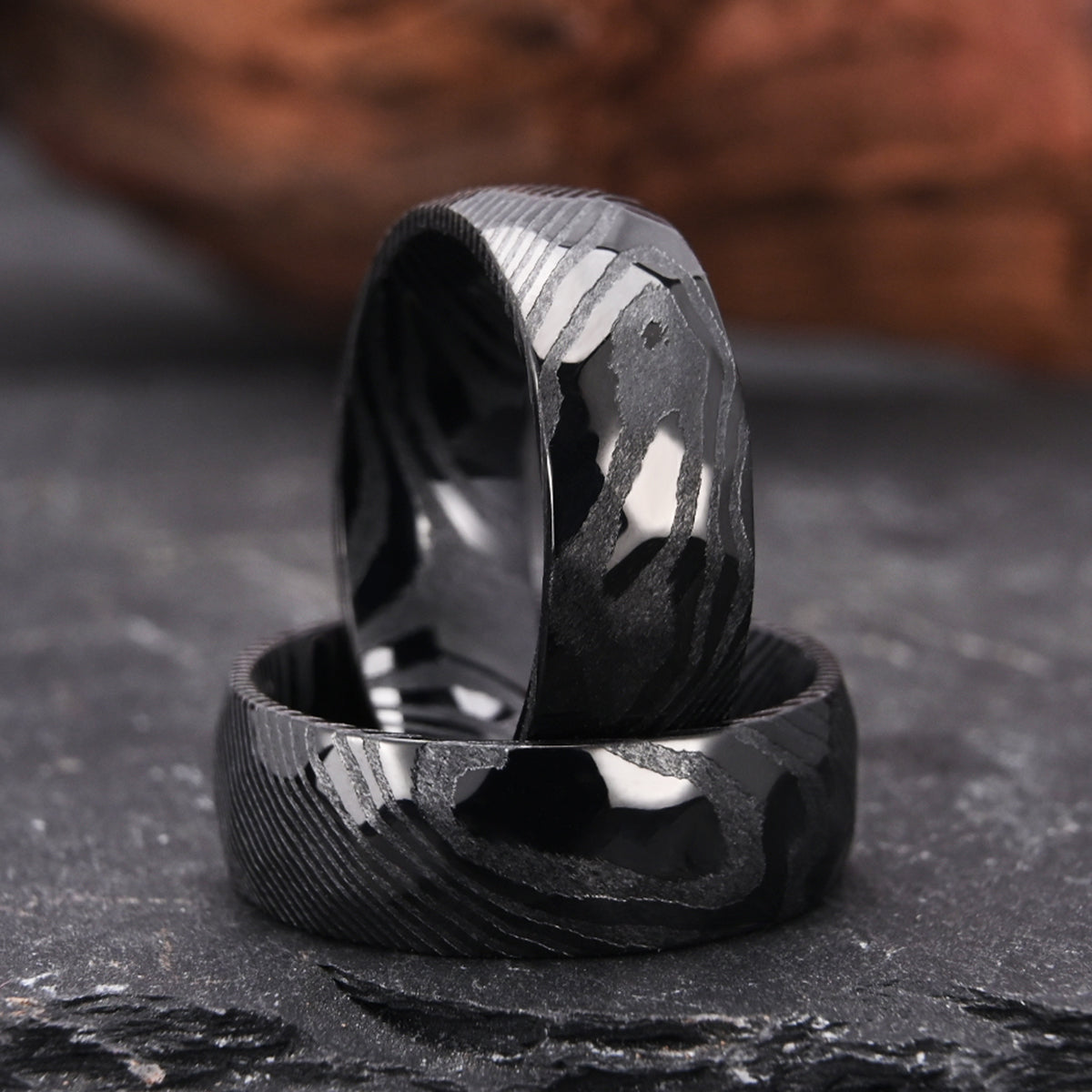 Ring Black Damascus Steel, Hammered Ring 8mm, Mens Wedding Band, Wedding Promise Rings, Engagement Rings for Men, Anniversary Ring-2