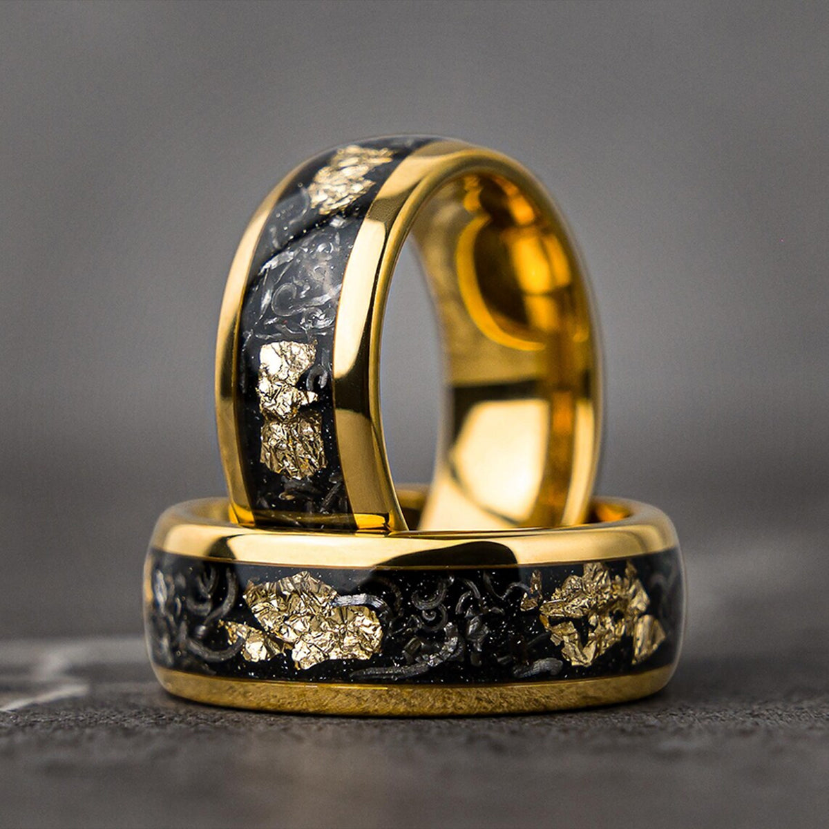 Meteorite Gold Leaf Flakes Wedding Band, Crushed Meteorite & Gold Ring, Mens Wedding Band, Tungsten Ring, Mens Ring, Promise Ring-2